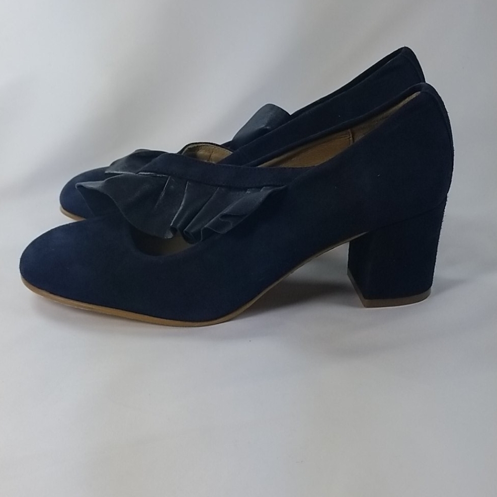 Anthropologie Kmb Navy Blue Suede Ruffle Heels Coquette Romantic Heels - Picture 8 of 11